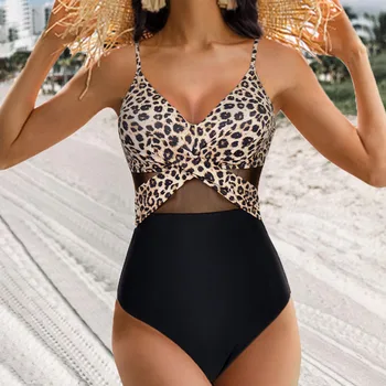 Moda se Vedea prin Leopard Print Mesh-O singură Bucată de costume de Baie Femei 2023 Costume de baie Femei Talie Inalta Sexy Bikini Costum de Baie Push-Up