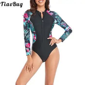 Tiaobug Femei Maneca Lunga Tropicale Imprimat-O Bucată de Costume de baie, Costume pentru Surfing Rash Guard Rapid-uscat Perfect Costume de Baie
